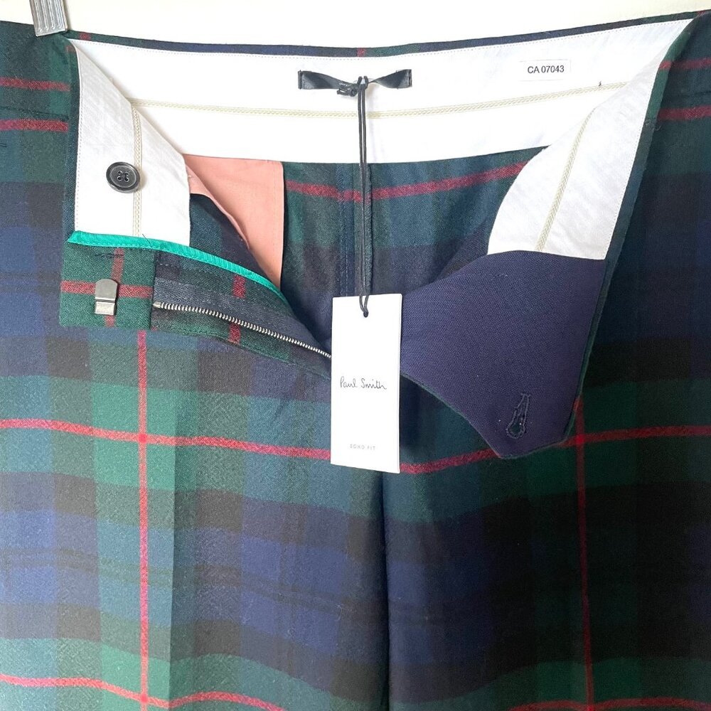 Paul Smith Wool Tartan Pant Womens 10/46 Blue Green Tapered Slim Tailored Fall - Picture 7 of 10